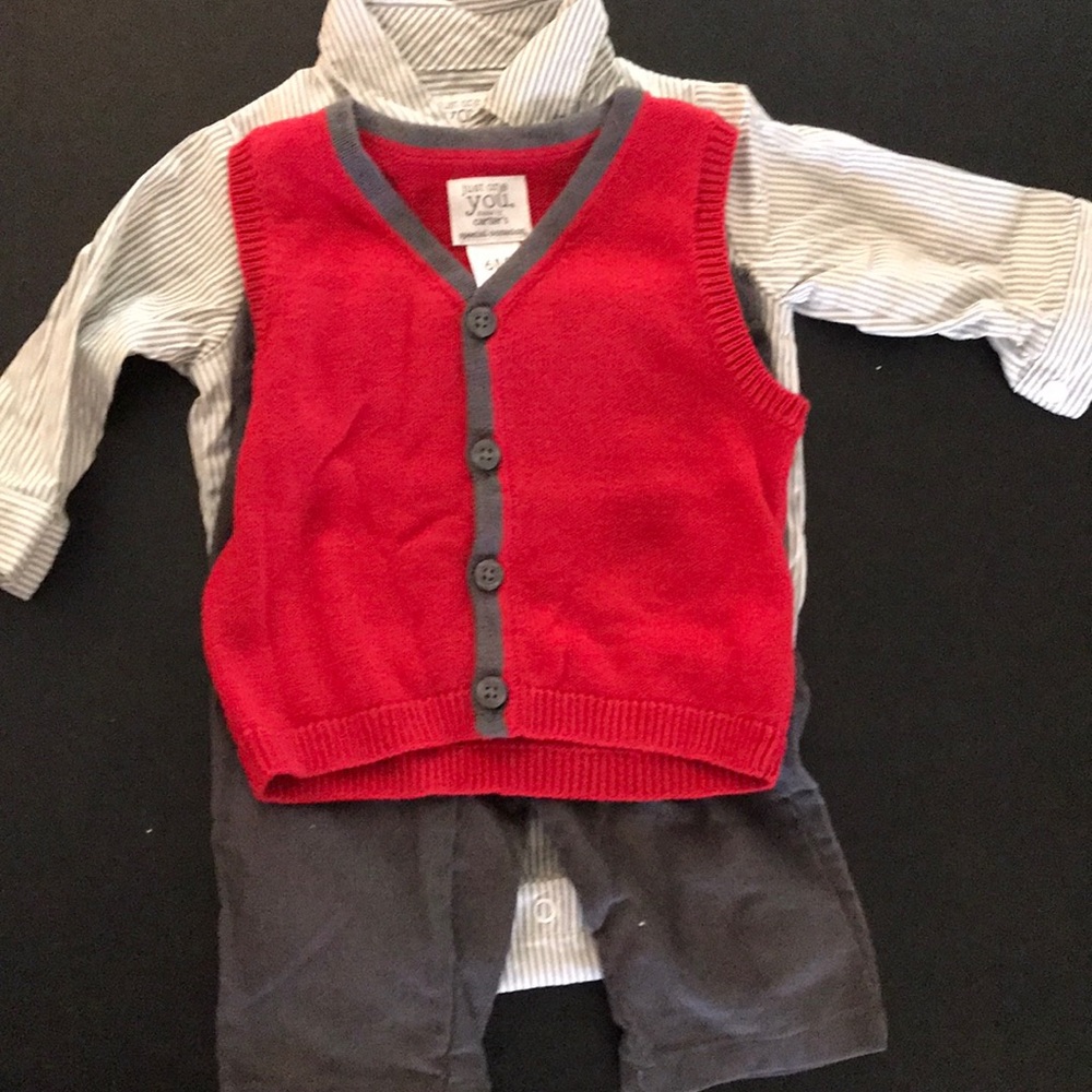 Red sweater vest / corduroy pants set